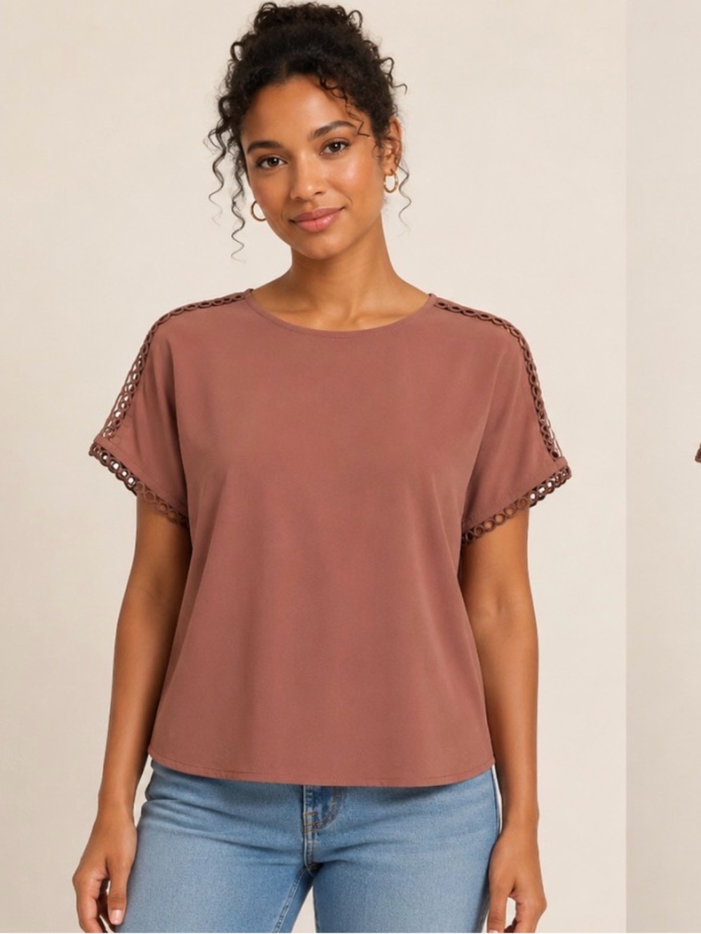 Ann Taylor Dusty Rose Short-Sleeve Crochet-Trim Blouse